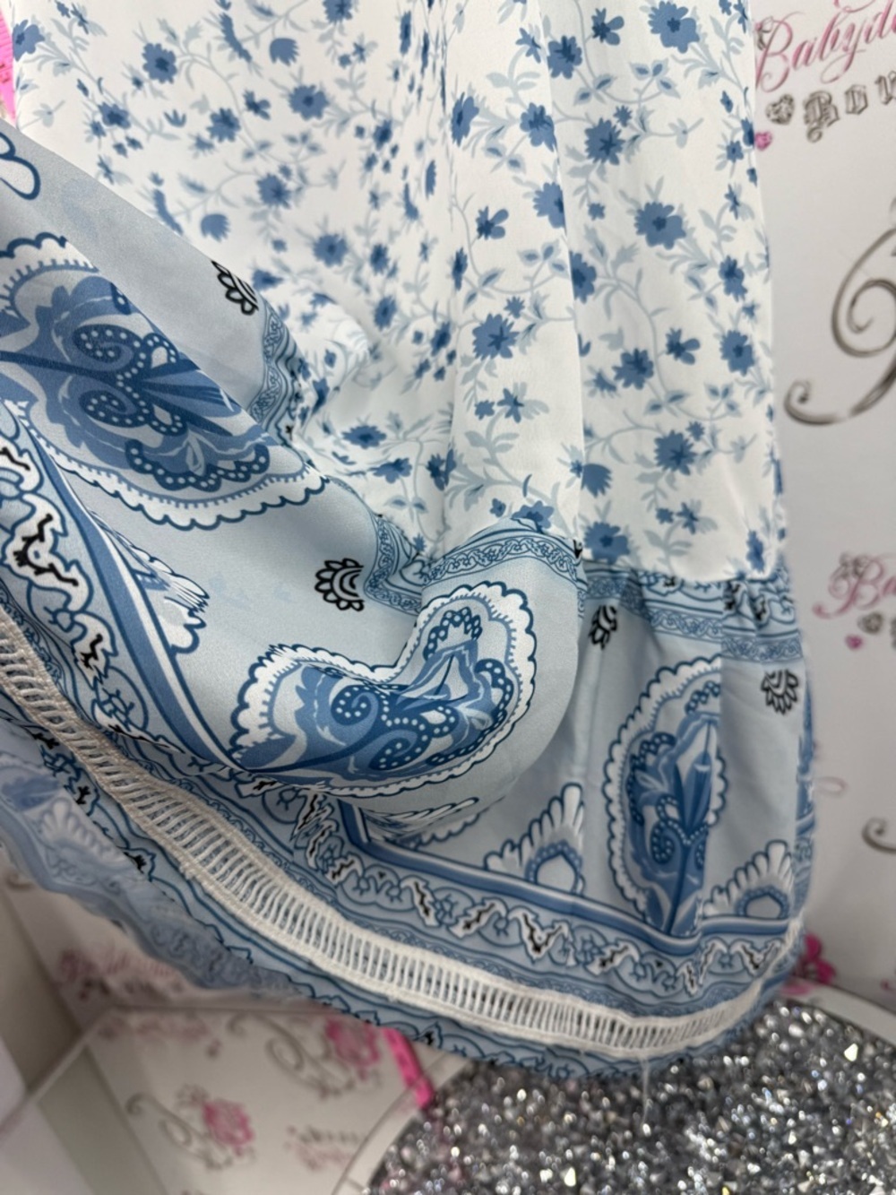 Cupshe dress beach cover up White and Blue Floral Slip Dress with Border Hem - Picture 5 of 11